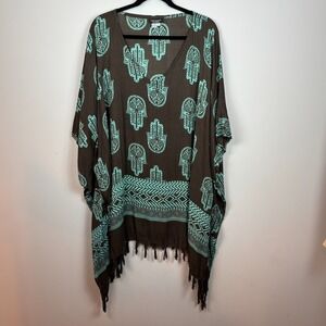 Lakhays Collection Los Angeles Womens One size Brown Teal‎ Boho Fringe Tunic Top
